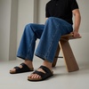 CUSHIONAIRE Lane Cork Footbed Mens Sandals, Adjustable Buckle Comfort Slides for Men, Genuine Leather Insole Summer Sandals Men Footwear(Black Nappa)