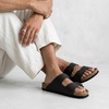 CUSHIONAIRE Lane Cork Footbed Mens Sandals, Adjustable Buckle Comfort Slides for Men, Genuine Leather Insole Summer Sandals Men Footwear(Black Nubuck)
