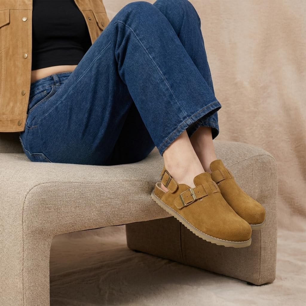 image:imageCUSHIONAIRE Brooklyn Genuine Suede Slingback Clogs for Women with BuckleChestnut