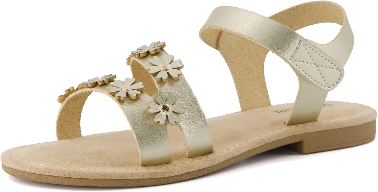 image:imageCUSHIONAIRE Cleo Girls Sandals Flower Strap Dress Style Girls Dress Shoes with Cushioned Footbed and Adjustable Ankle StrapGold