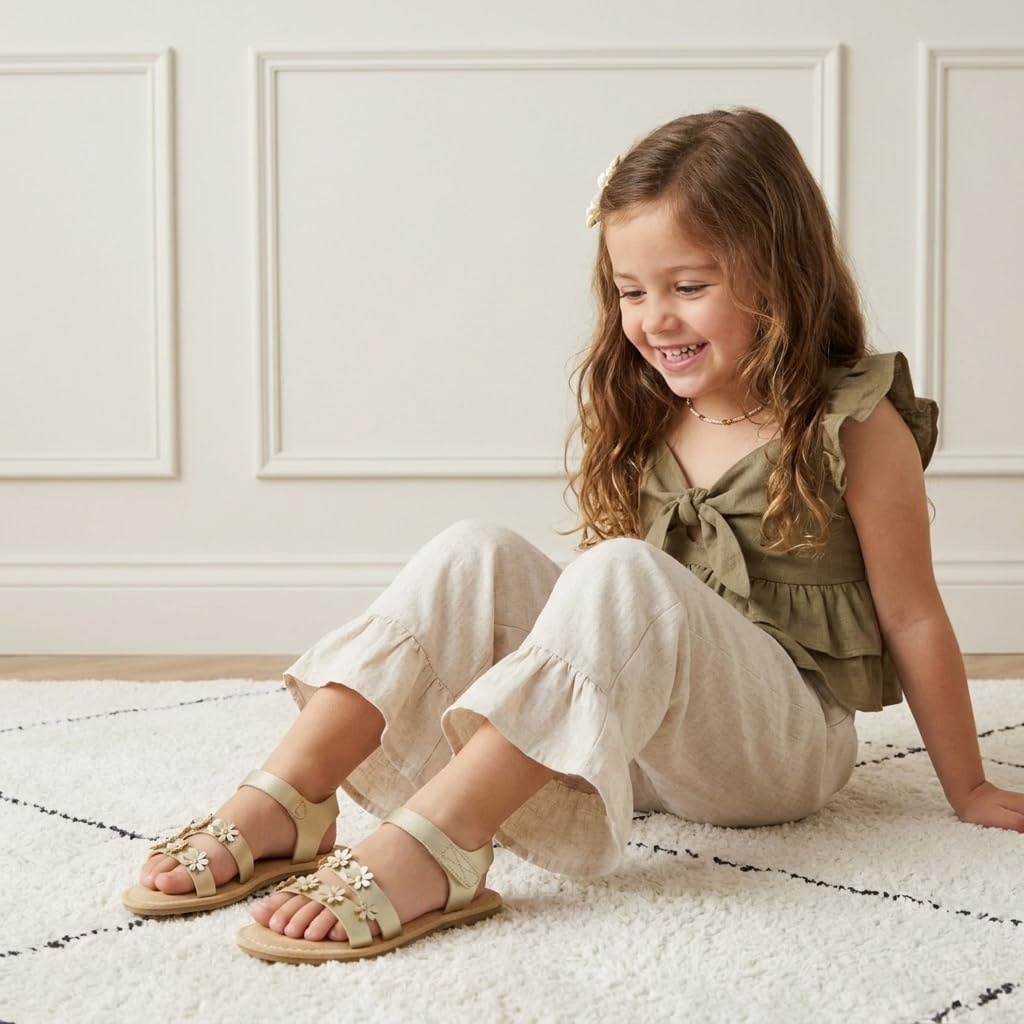 image:imageCUSHIONAIRE Cleo Girls Sandals Flower Strap Dress Style Girls Dress Shoes with Cushioned Footbed and Adjustable Ankle StrapGold