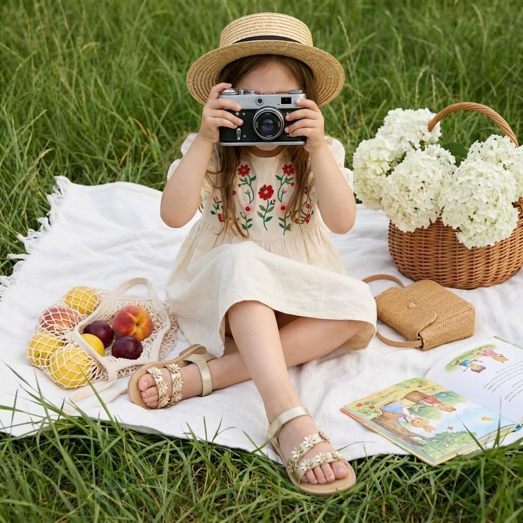 image:imageCUSHIONAIRE Cleo Girls Sandals Flower Strap Dress Style Girls Dress Shoes with Cushioned Footbed and Adjustable Ankle StrapGold
