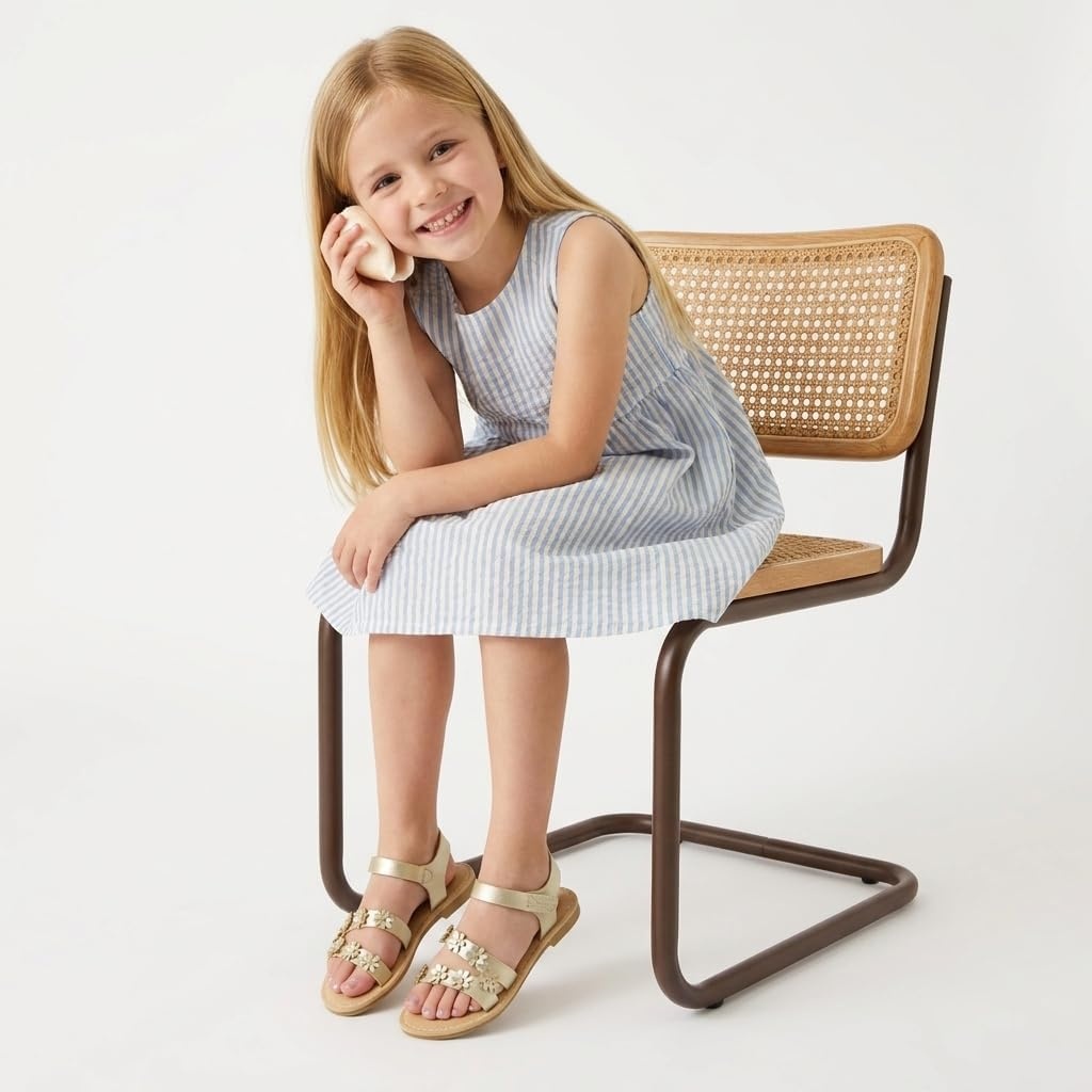 image:imageCUSHIONAIRE Cleo Girls Sandals Flower Strap Dress Style Girls Dress Shoes with Cushioned Footbed and Adjustable Ankle StrapGold