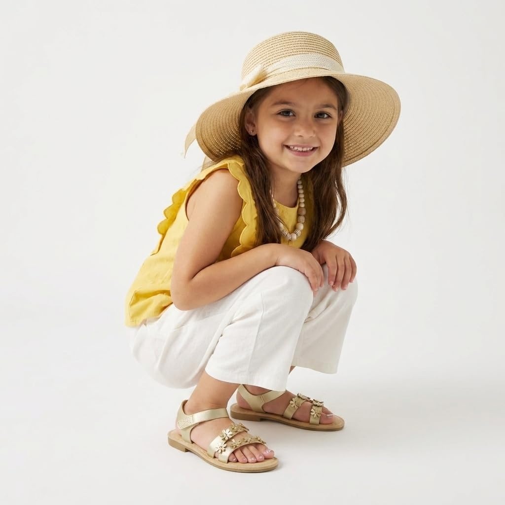 image:imageCUSHIONAIRE Cleo Girls Sandals Flower Strap Dress Style Girls Dress Shoes with Cushioned Footbed and Adjustable Ankle StrapGold