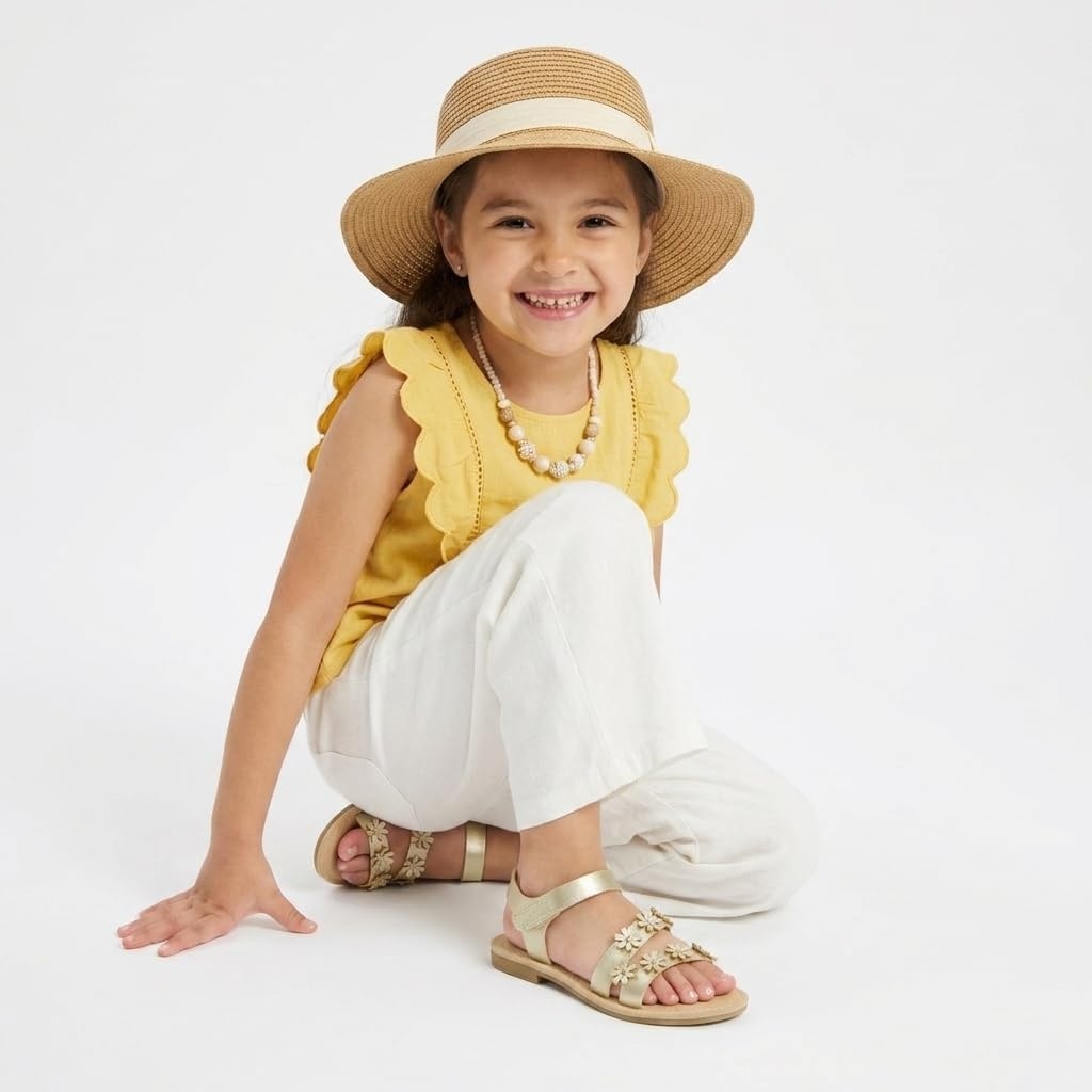 image:imageCUSHIONAIRE Cleo Girls Sandals Flower Strap Dress Style Girls Dress Shoes with Cushioned Footbed and Adjustable Ankle StrapGold