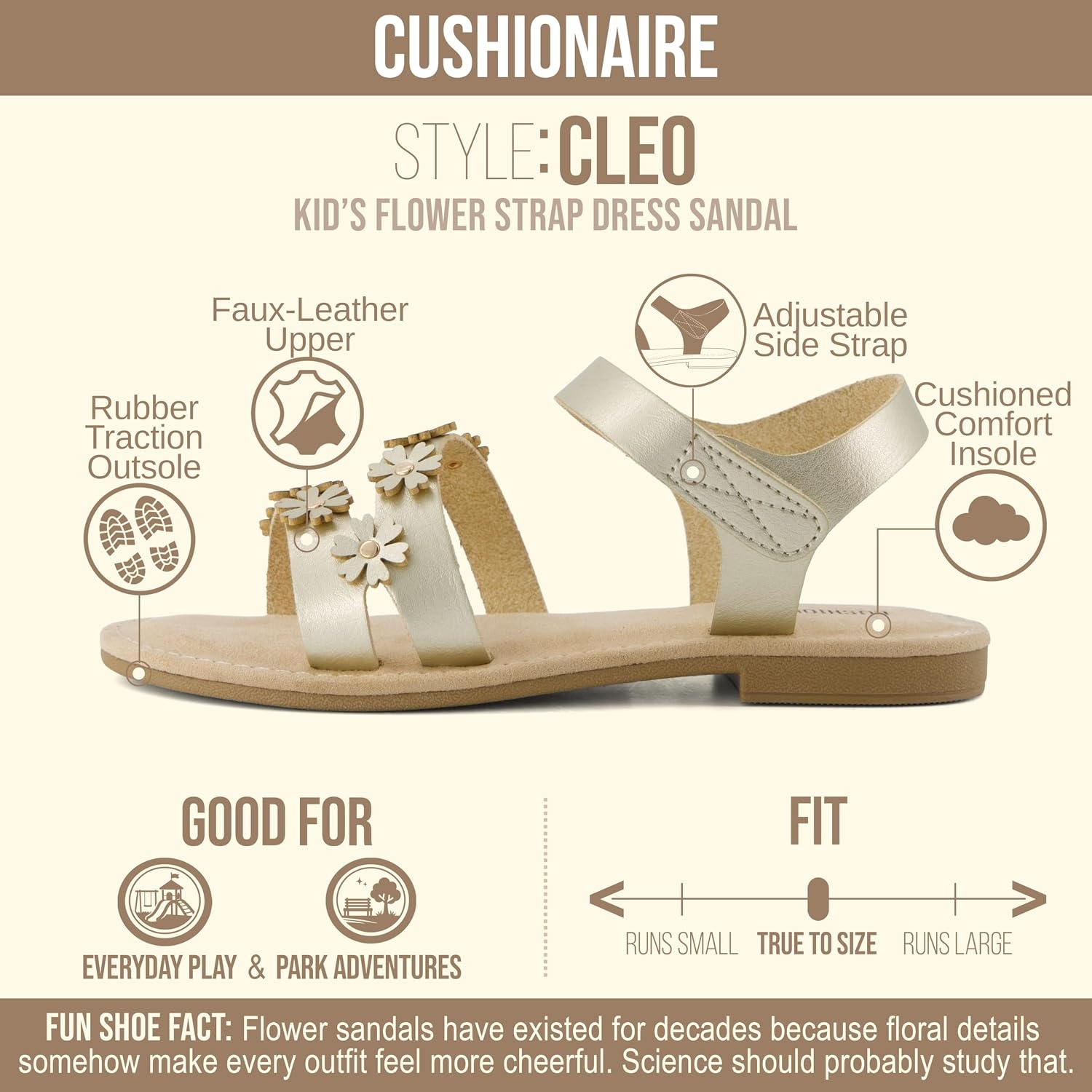 image:imageCUSHIONAIRE Cleo Girls Sandals Flower Strap Dress Style Girls Dress Shoes with Cushioned Footbed and Adjustable Ankle StrapGold