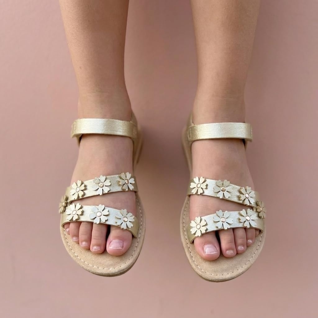 image:imageCUSHIONAIRE Cleo Girls Sandals Flower Strap Dress Style Girls Dress Shoes with Cushioned Footbed and Adjustable Ankle StrapGold