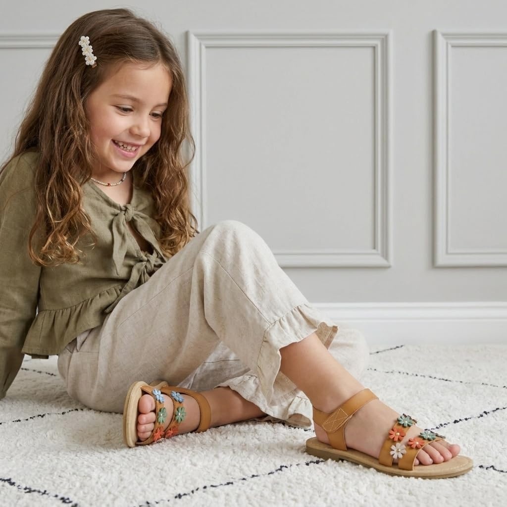 image:imageCUSHIONAIRE Cleo Girls Sandals Flower Strap Dress Style Girls Dress Shoes with Cushioned Footbed and Adjustable Ankle StrapTan