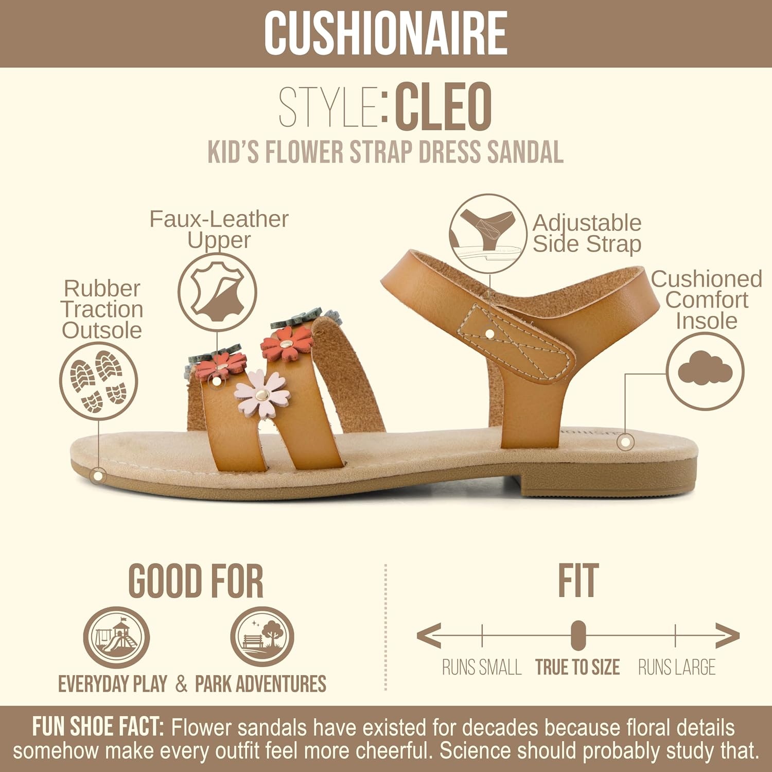 image:imageCUSHIONAIRE Cleo Girls Sandals Flower Strap Dress Style Girls Dress Shoes with Cushioned Footbed and Adjustable Ankle StrapTan