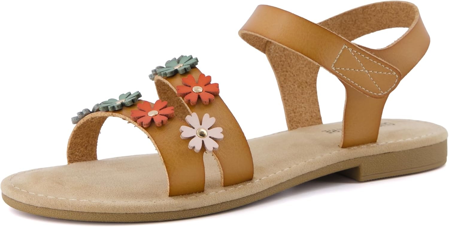 image:imageCUSHIONAIRE Cleo Girls Sandals Flower Strap Dress Style Girls Dress Shoes with Cushioned Footbed and Adjustable Ankle StrapTan