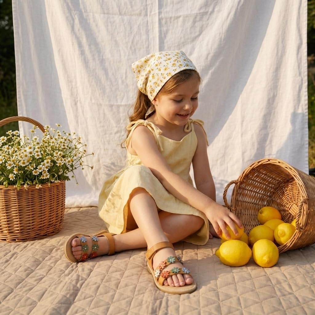 image:imageCUSHIONAIRE Cleo Girls Sandals Flower Strap Dress Style Girls Dress Shoes with Cushioned Footbed and Adjustable Ankle StrapTan