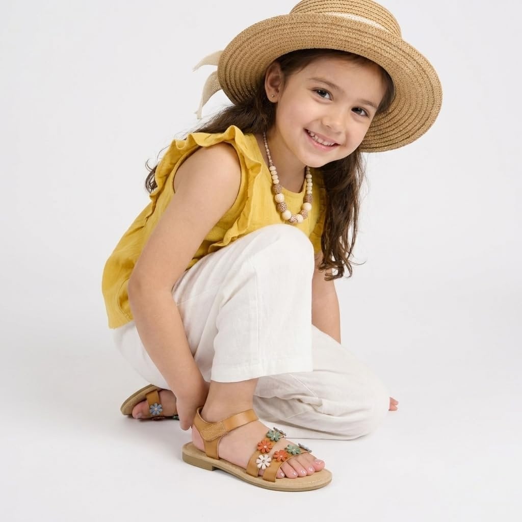 image:imageCUSHIONAIRE Cleo Girls Sandals Flower Strap Dress Style Girls Dress Shoes with Cushioned Footbed and Adjustable Ankle StrapTan