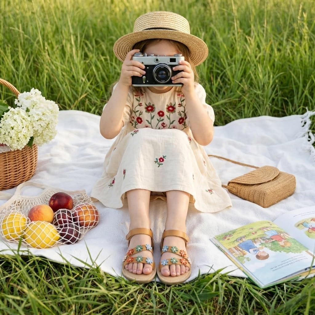 image:imageCUSHIONAIRE Cleo Girls Sandals Flower Strap Dress Style Girls Dress Shoes with Cushioned Footbed and Adjustable Ankle StrapTan