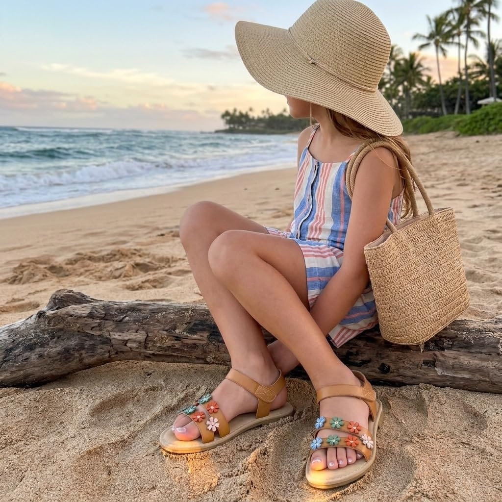 image:imageCUSHIONAIRE Cleo Girls Sandals Flower Strap Dress Style Girls Dress Shoes with Cushioned Footbed and Adjustable Ankle StrapTan