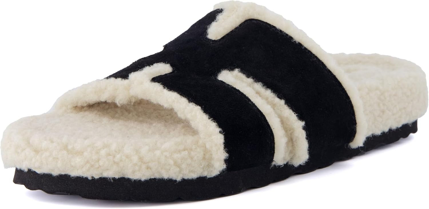 image:imageCUSHIONAIRE Cuddle Fur Slippers for Women Faux Shearling Slide Sandal Memory Foam Wide Widths AvailableBlack