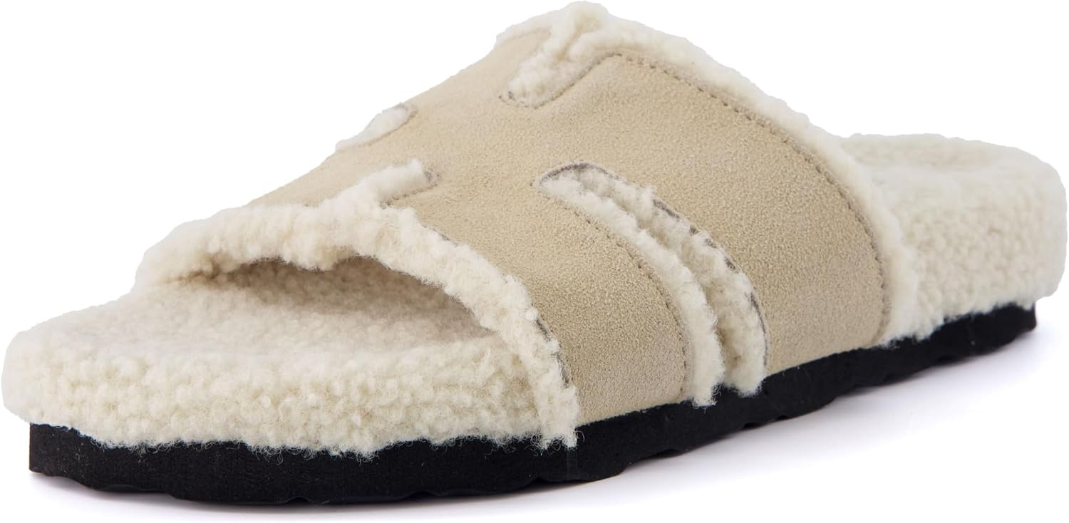 image:imageCUSHIONAIRE Cuddle Fur Slippers for Women Faux Shearling Slide Sandal Memory Foam Wide Widths AvailableSand