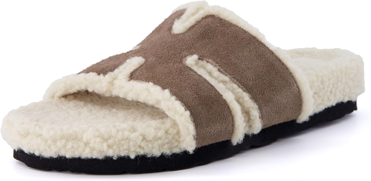 image:imageCUSHIONAIRE Cuddle Fur Slippers for Women Faux Shearling Slide Sandal Memory Foam Wide Widths AvailableTaupe