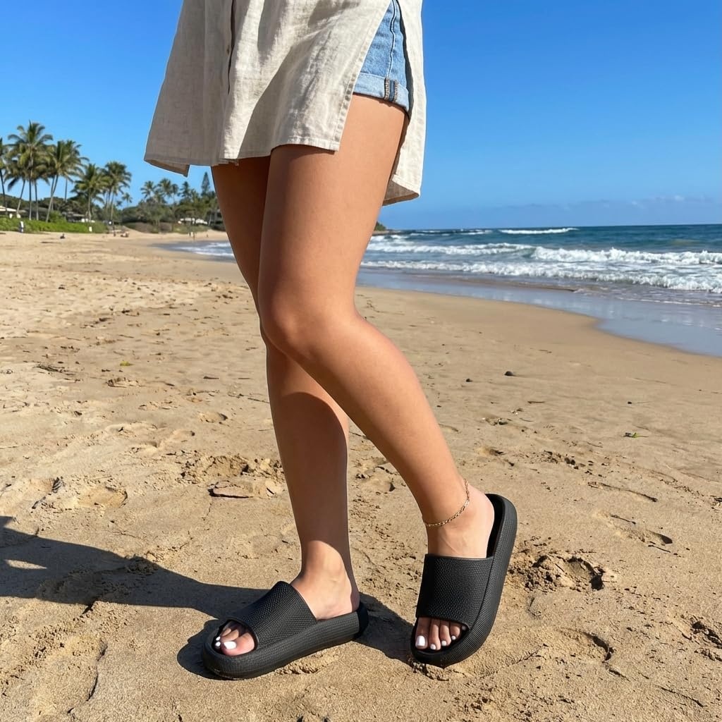 image:imageCUSHIONAIRE Feather EVA Slides for Women Comfortable Slip On Womens Slippers Indoor Outdoor Shower Shoes Beach Essential Cloud SlidesBlack