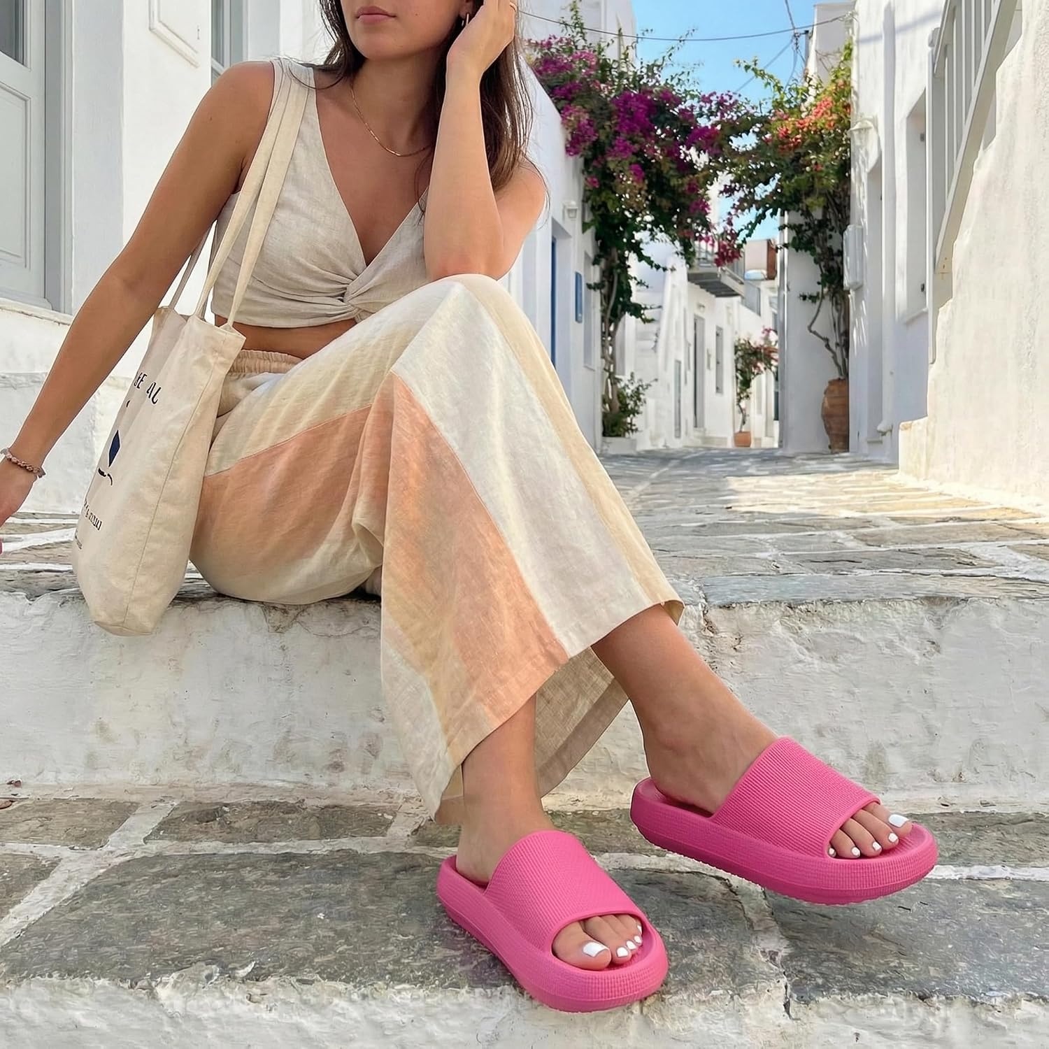image:imageCUSHIONAIRE Feather EVA Slides for Women Comfortable Slip On Womens Slippers Indoor Outdoor Shower Shoes Beach Essential Cloud SlidesHot Pink