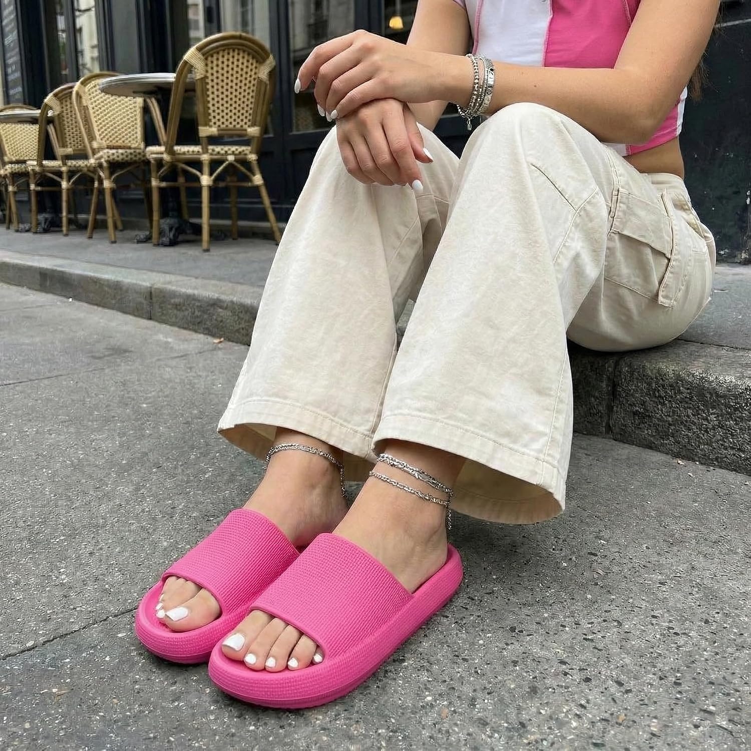 image:imageCUSHIONAIRE Feather EVA Slides for Women Comfortable Slip On Womens Slippers Indoor Outdoor Shower Shoes Beach Essential Cloud SlidesHot Pink