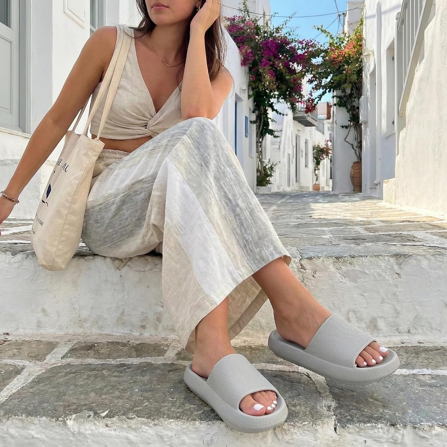 image:imageCUSHIONAIRE Feather EVA Slides for Women Comfortable Slip On Womens Slippers Indoor Outdoor Shower Shoes Beach Essential Cloud SlidesLt Grey