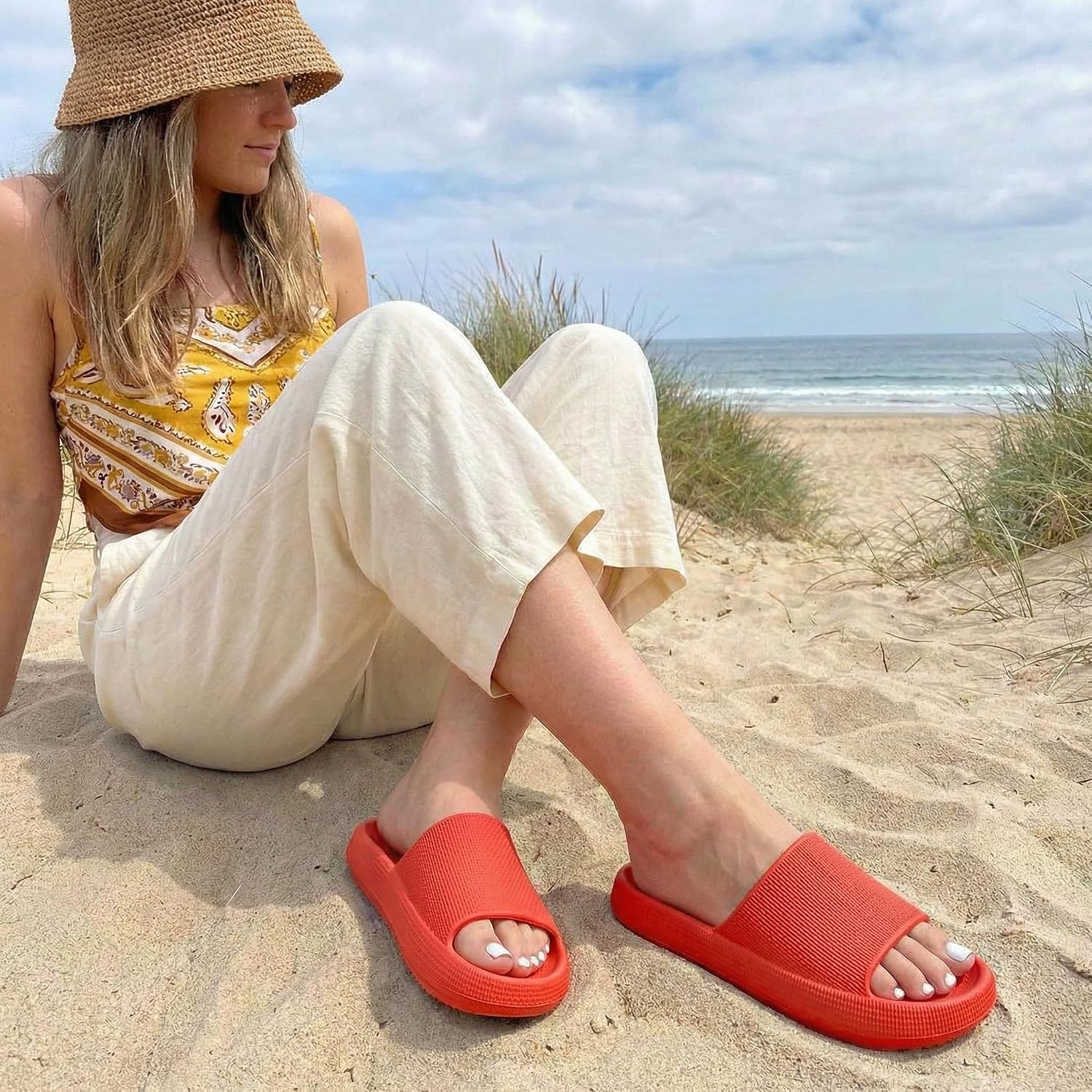 image:imageCUSHIONAIRE Feather EVA Slides for Women Comfortable Slip On Womens Slippers Indoor Outdoor Shower Shoes Beach Essential Cloud SlidesRed