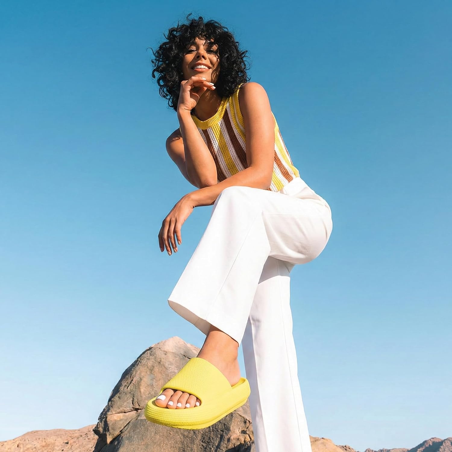 image:imageCUSHIONAIRE Feather EVA Slides for Women Comfortable Slip On Womens Slippers Indoor Outdoor Shower Shoes Beach Essential Cloud SlidesSunny Yellow