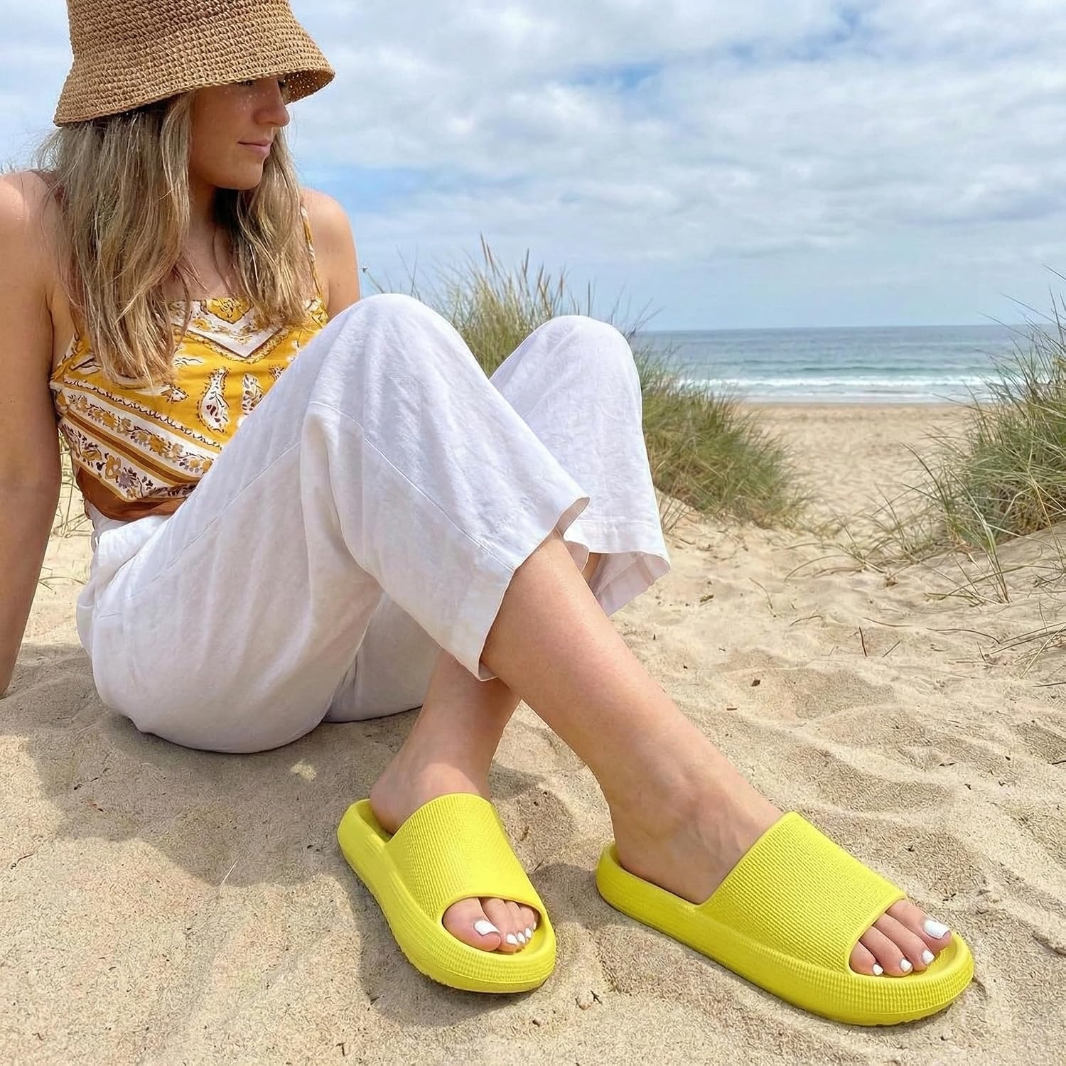 image:imageCUSHIONAIRE Feather EVA Slides for Women Comfortable Slip On Womens Slippers Indoor Outdoor Shower Shoes Beach Essential Cloud SlidesSunny Yellow