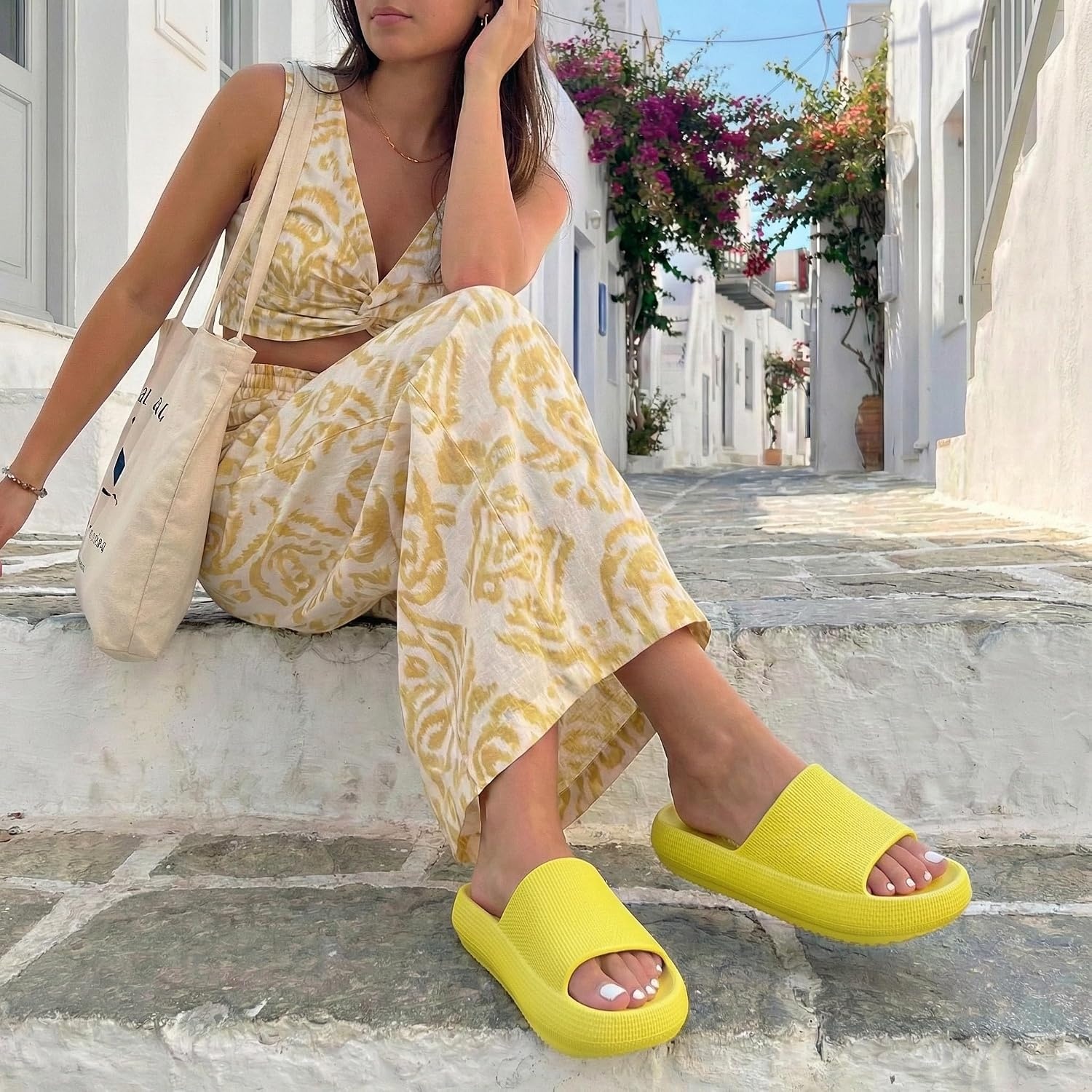 image:imageCUSHIONAIRE Feather EVA Slides for Women Comfortable Slip On Womens Slippers Indoor Outdoor Shower Shoes Beach Essential Cloud SlidesSunny Yellow
