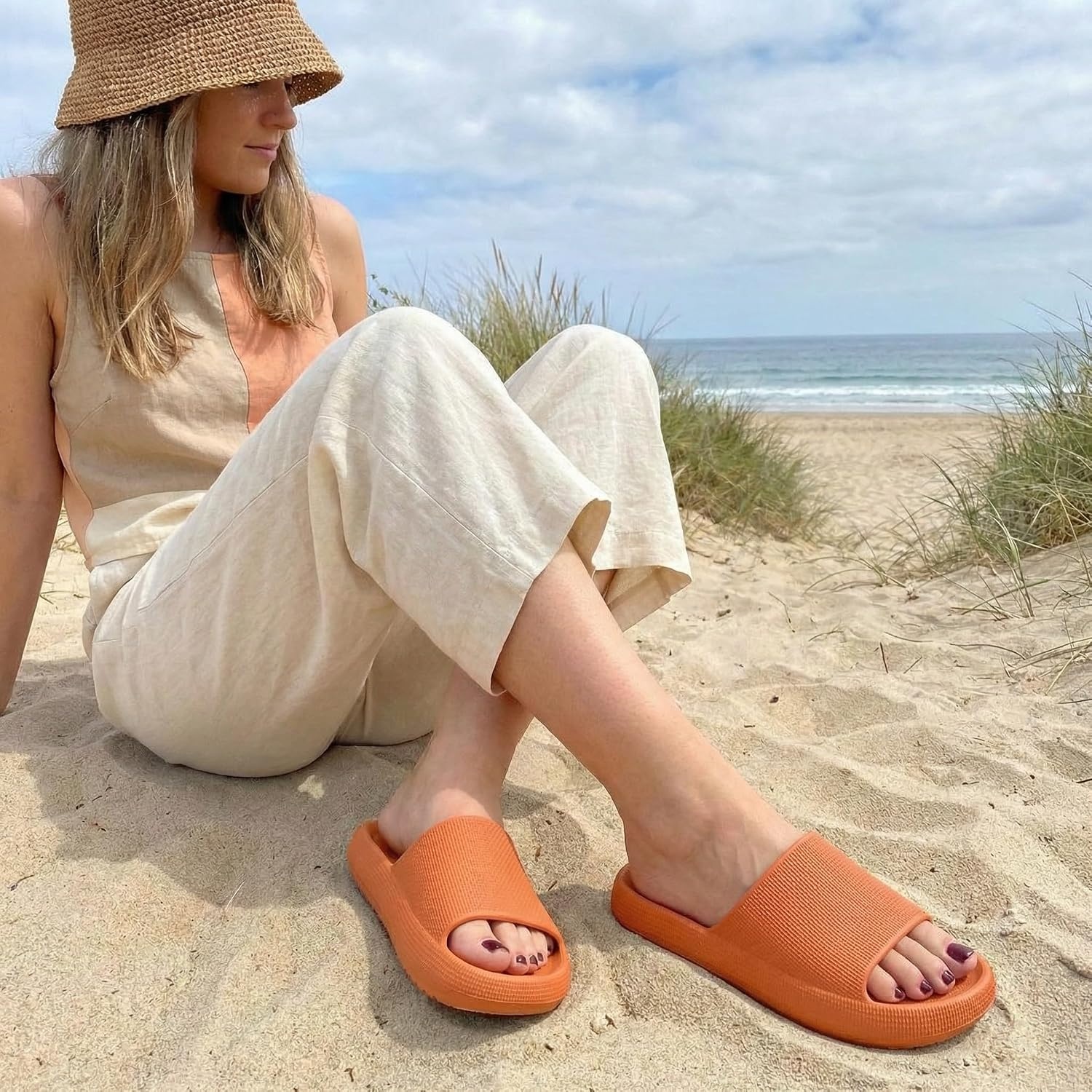 image:imageCUSHIONAIRE Feather EVA Slides for Women Comfortable Slip On Womens Slippers Indoor Outdoor Shower Shoes Beach Essential Cloud SlidesTangerine