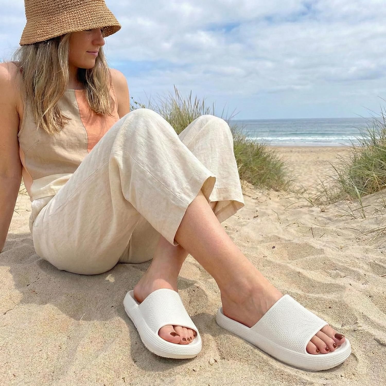 image:imageCUSHIONAIRE Feather EVA Slides for Women Comfortable Slip On Womens Slippers Indoor Outdoor Shower Shoes Beach Essential Cloud SlidesVanilla