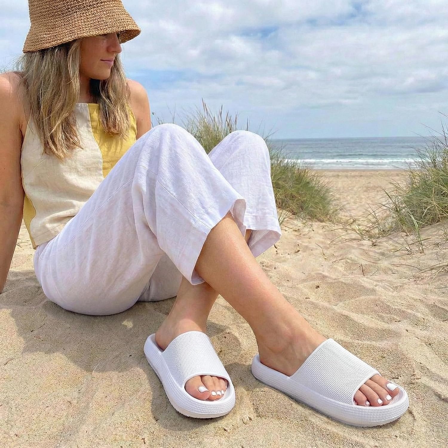 image:imageCUSHIONAIRE Feather EVA Slides for Women Comfortable Slip On Womens Slippers Indoor Outdoor Shower Shoes Beach Essential Cloud SlidesWhite