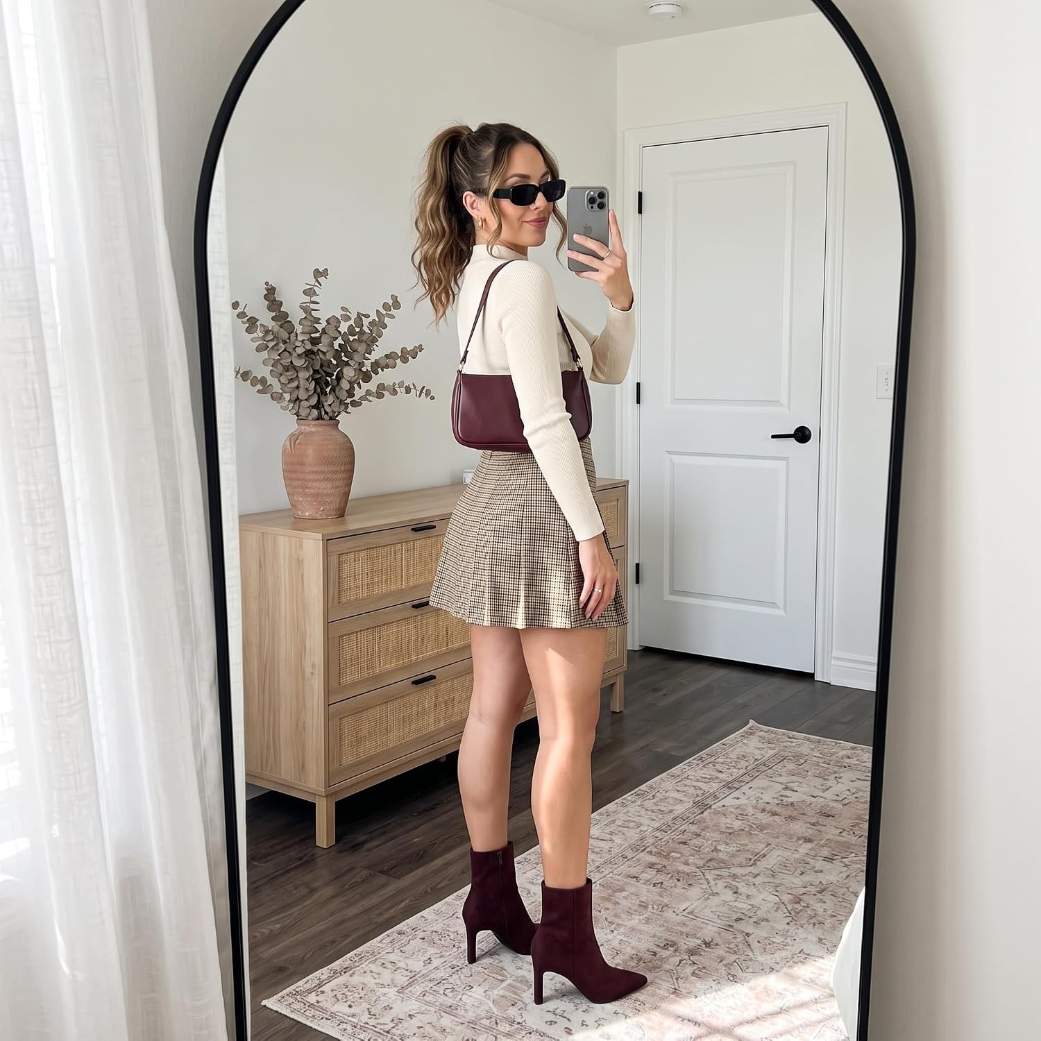 image:imageCUSHIONAIRE Giana Womens High Heel Ankle Boots Square Toe Vegan Suede Mid Block Heel Dress Booties for OfficeBurgundy