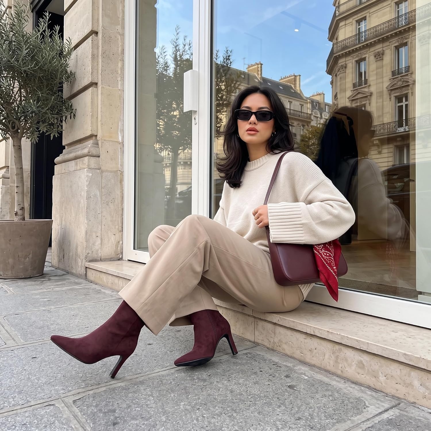 image:imageCUSHIONAIRE Giana Womens High Heel Ankle Boots Square Toe Vegan Suede Mid Block Heel Dress Booties for OfficeBurgundy