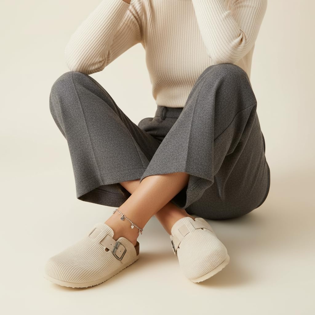 image:imageCUSHIONAIRE Hana Vegan Suede Clogs for Women Cork Footbed Potato ShoesBeige Corduroy