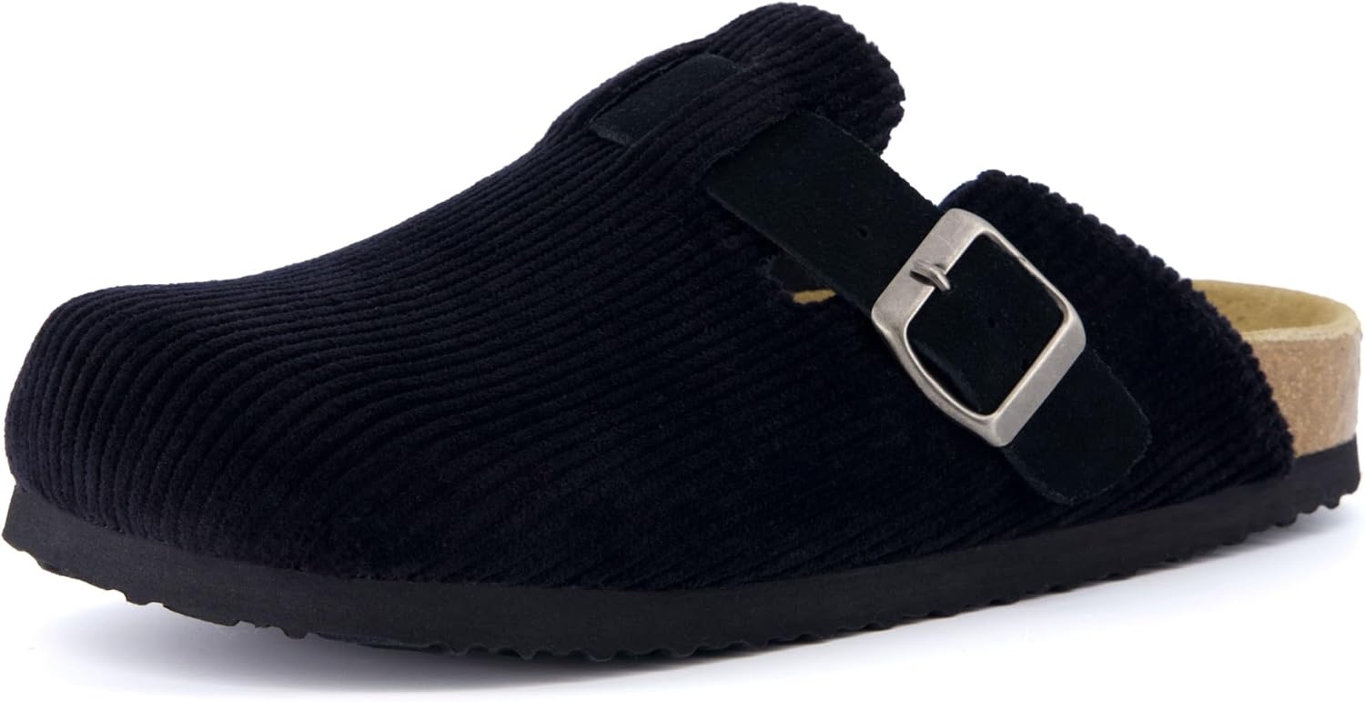 image:imageCUSHIONAIRE Hana Vegan Suede Clogs for Women Cork Footbed Potato ShoesBlack Corduroy