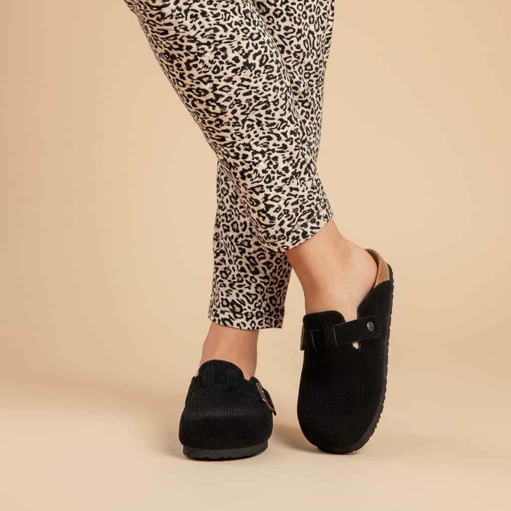image:imageCUSHIONAIRE Hana Vegan Suede Clogs for Women Cork Footbed Potato ShoesBlack Corduroy