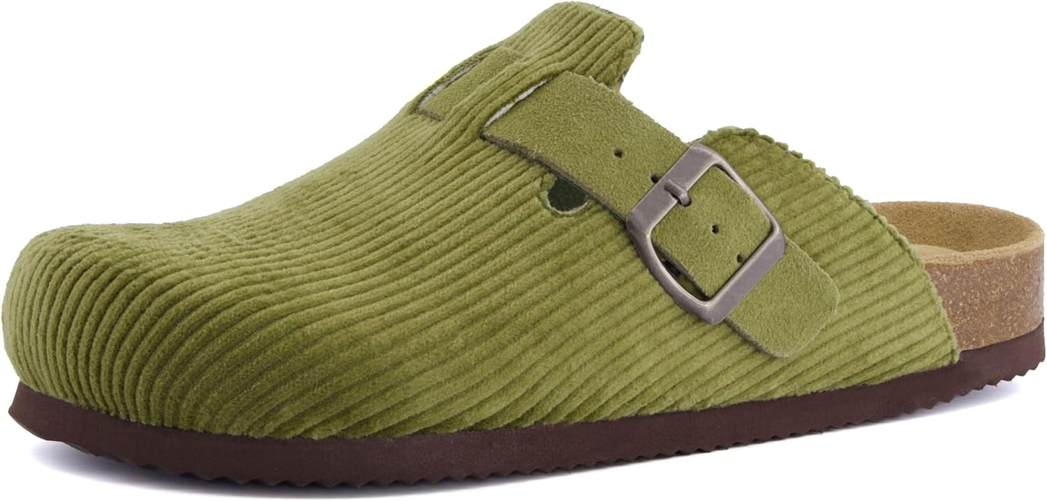 image:imageCUSHIONAIRE Hana Vegan Suede Clogs for Women Cork Footbed Potato ShoesKhaki Corduroy