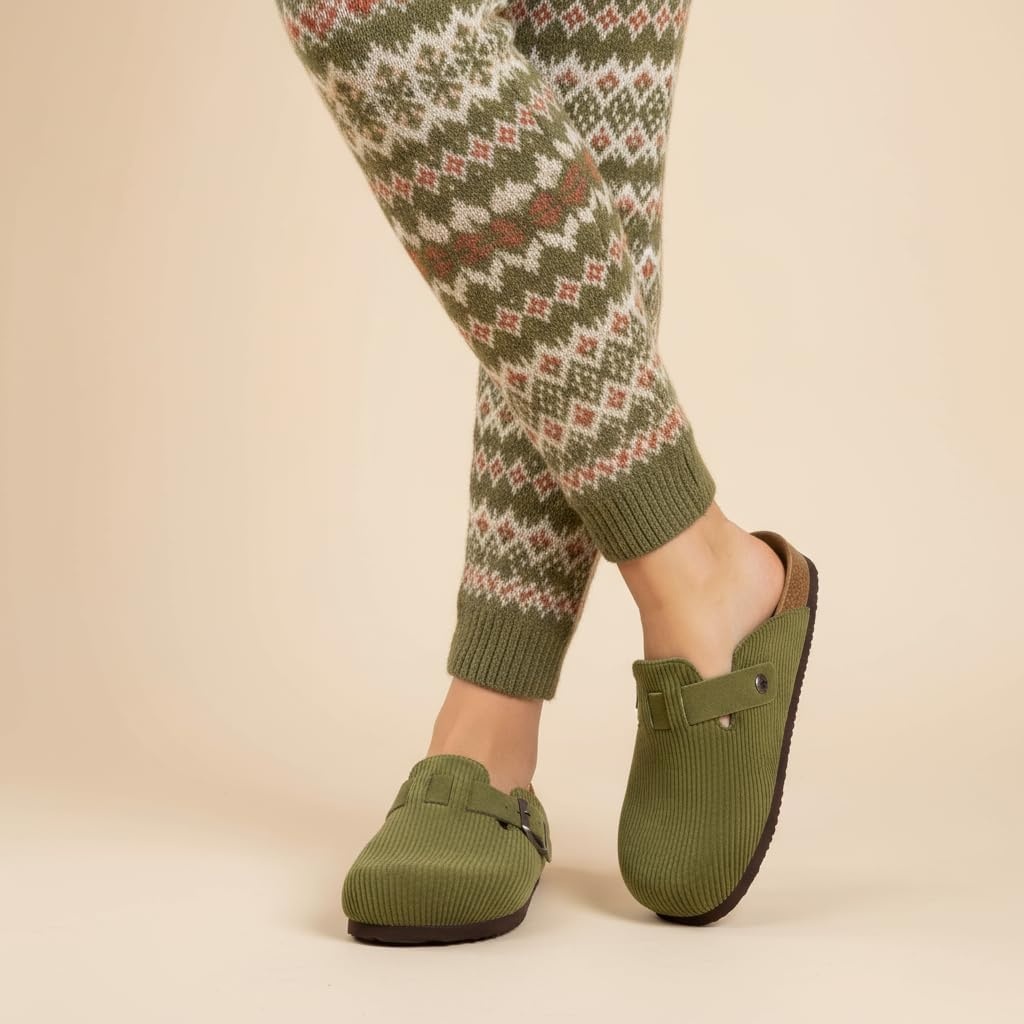 image:imageCUSHIONAIRE Hana Vegan Suede Clogs for Women Cork Footbed Potato ShoesKhaki Corduroy