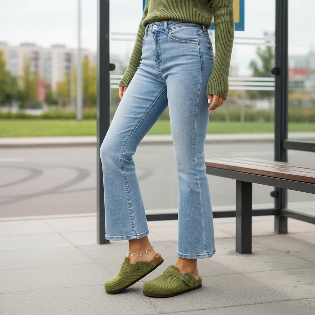 image:imageCUSHIONAIRE Hana Vegan Suede Clogs for Women Cork Footbed Potato ShoesKhaki Corduroy