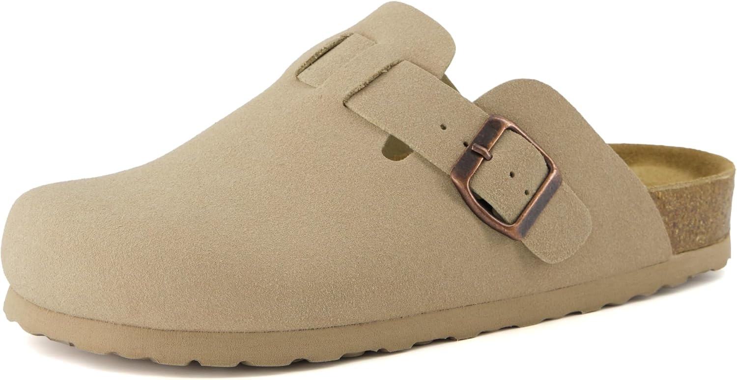 image:imageCUSHIONAIRE Hana Vegan Suede Clogs for Women Cork Footbed Potato ShoesSand Vegan Suede