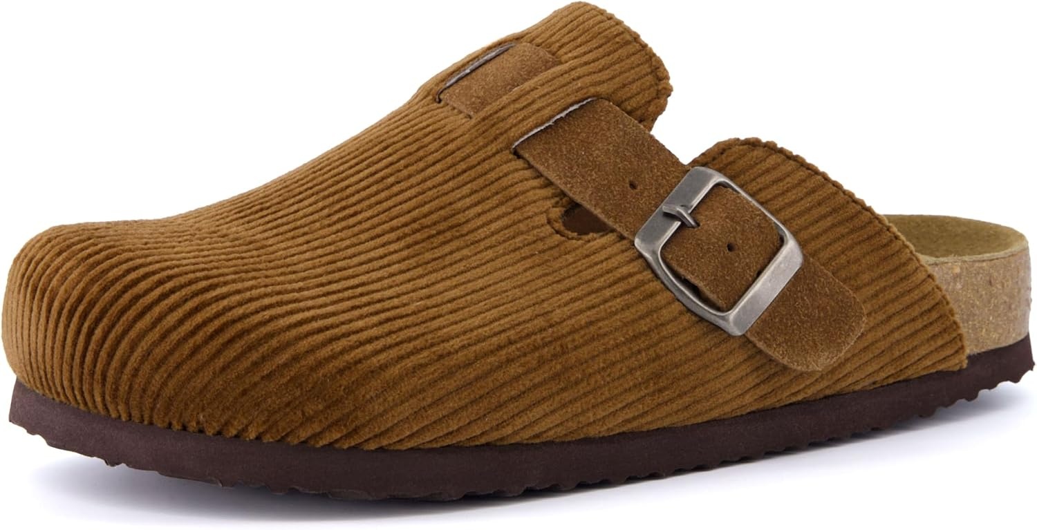 image:imageCUSHIONAIRE Hana Vegan Suede Clogs for Women Cork Footbed Potato ShoesTan Corduroy