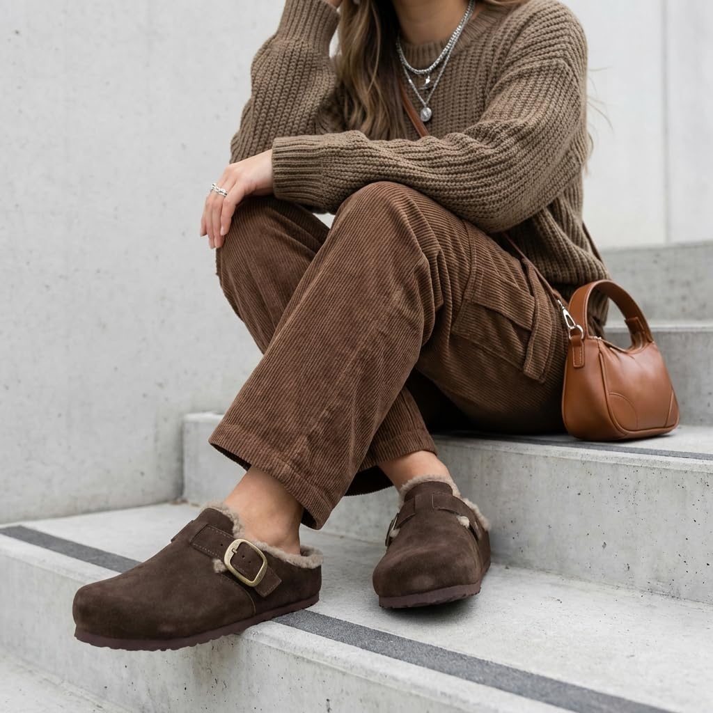 image:imageCUSHIONAIRE Haven Genuine Leather Clogs for Women Faux Fur Lined SlipOn Womens Shoes with Cork Footbed and Adjustable BuckleBrown