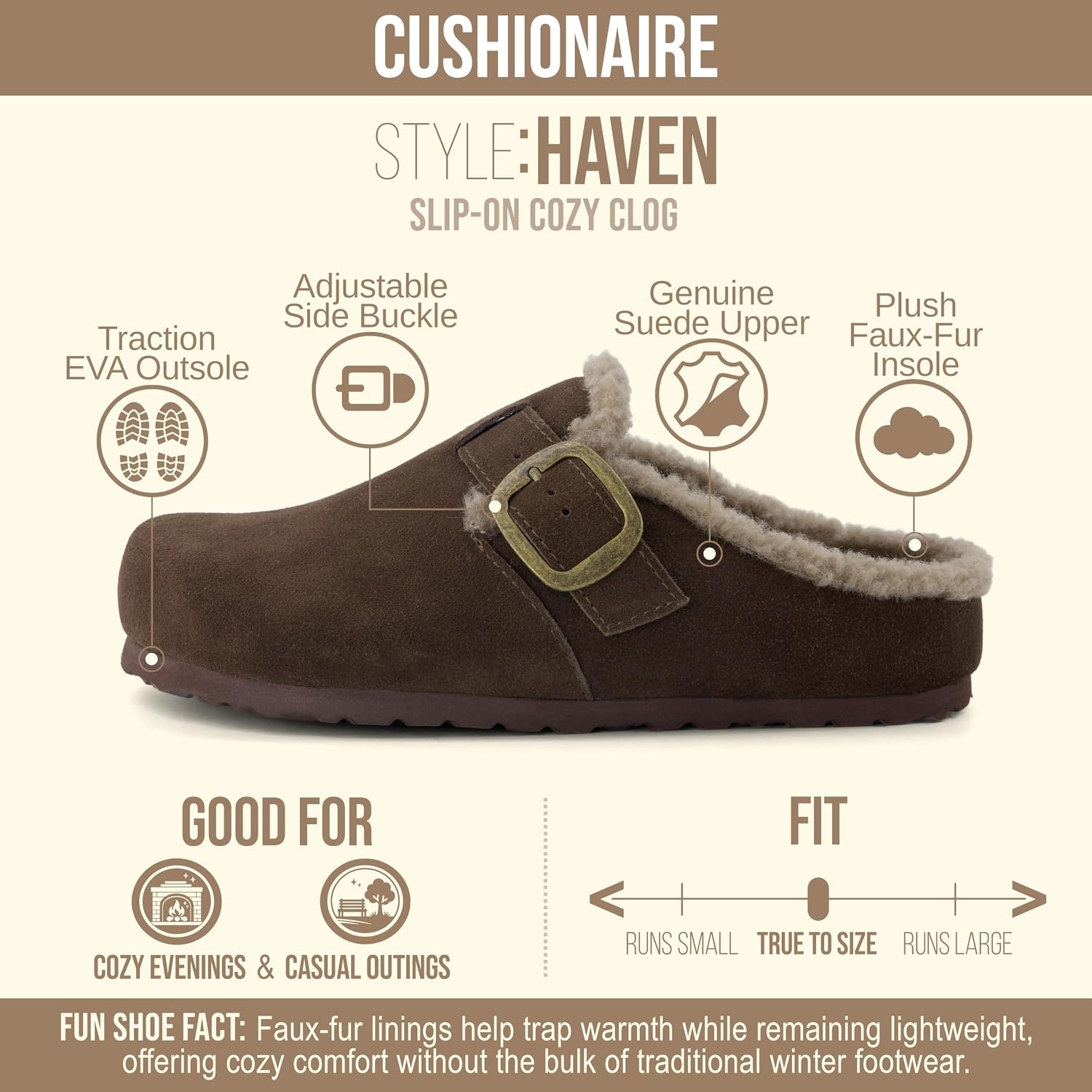 image:imageCUSHIONAIRE Haven Genuine Leather Clogs for Women Faux Fur Lined SlipOn Womens Shoes with Cork Footbed and Adjustable BuckleBrown