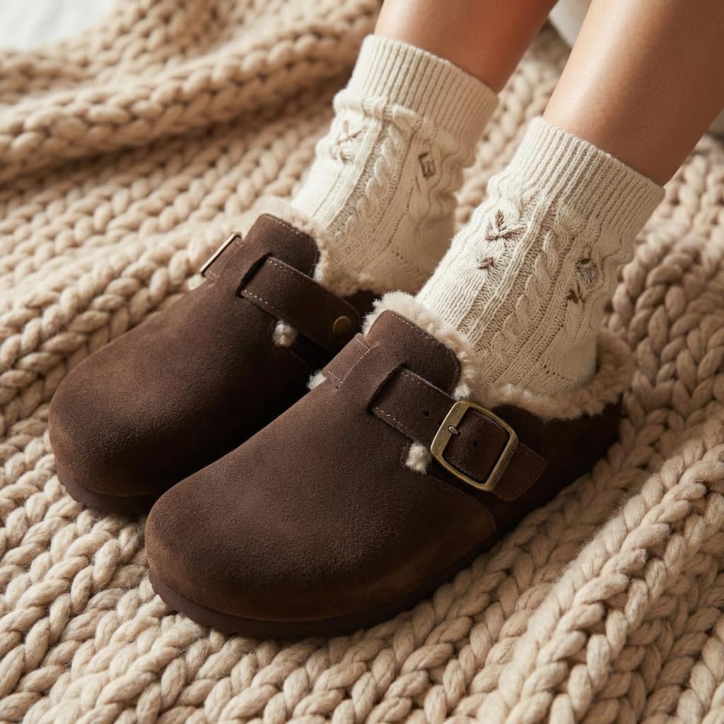image:imageCUSHIONAIRE Haven Genuine Leather Clogs for Women Faux Fur Lined SlipOn Womens Shoes with Cork Footbed and Adjustable BuckleBrown