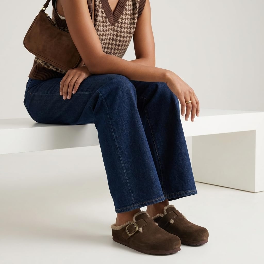 image:imageCUSHIONAIRE Haven Genuine Leather Clogs for Women Faux Fur Lined SlipOn Womens Shoes with Cork Footbed and Adjustable BuckleBrown