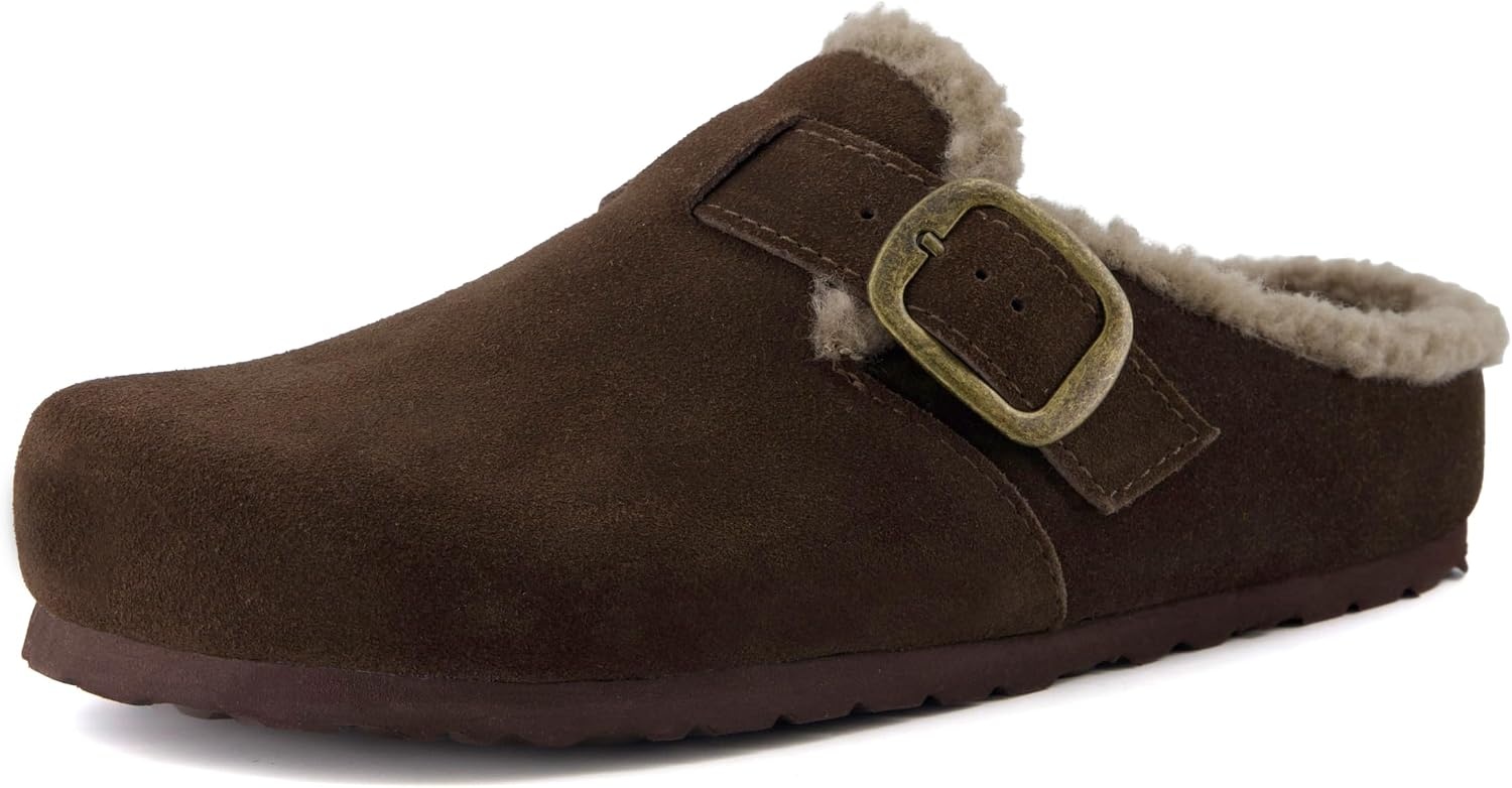 image:imageCUSHIONAIRE Haven Genuine Leather Clogs for Women Faux Fur Lined SlipOn Womens Shoes with Cork Footbed and Adjustable BuckleBrown