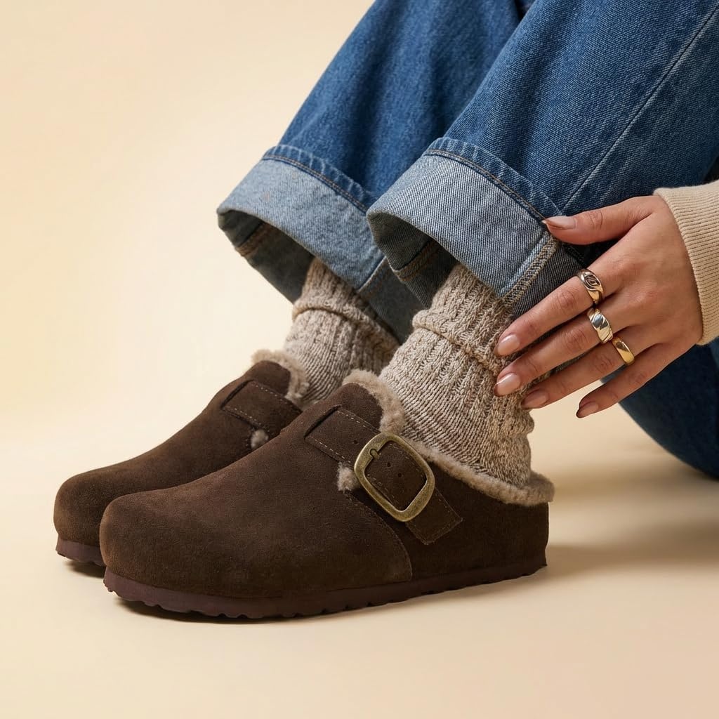 image:imageCUSHIONAIRE Haven Genuine Leather Clogs for Women Faux Fur Lined SlipOn Womens Shoes with Cork Footbed and Adjustable BuckleBrown