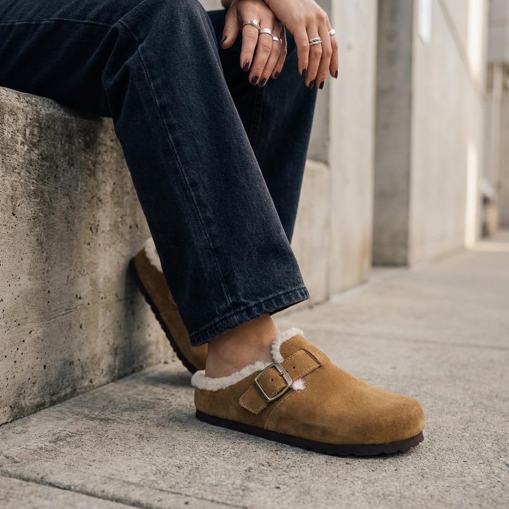 image:imageCUSHIONAIRE Haven Genuine Leather Clogs for Women Faux Fur Lined SlipOn Womens Shoes with Cork Footbed and Adjustable BuckleCamel