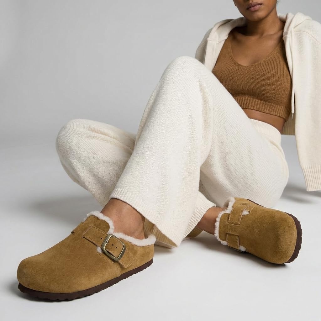 image:imageCUSHIONAIRE Haven Genuine Leather Clogs for Women Faux Fur Lined SlipOn Womens Shoes with Cork Footbed and Adjustable BuckleCamel